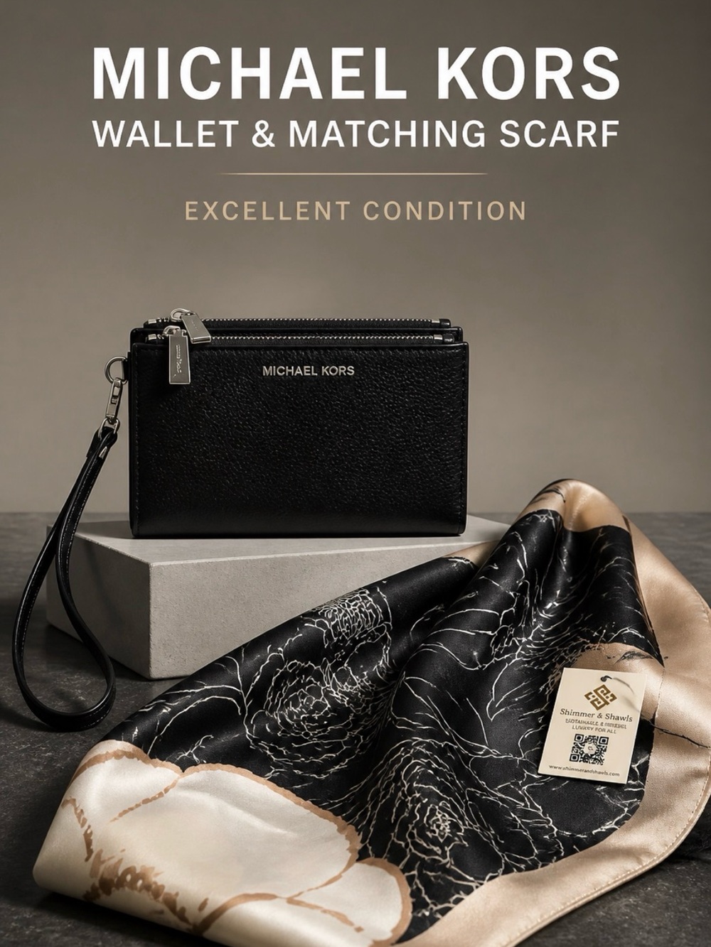 Michael Kors Black Leather Wallet with Black & Cream Scarf